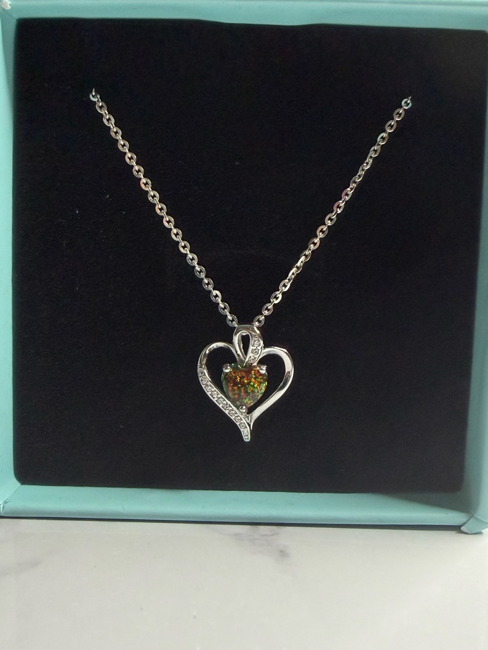 925 Sterling Silver Opal Heart Necklace